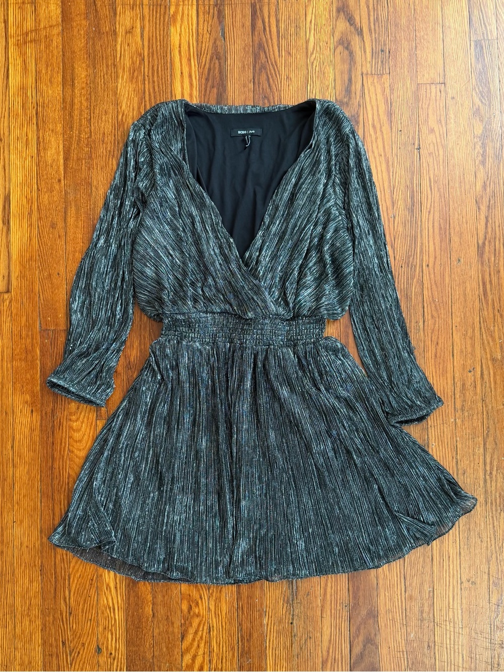 BCBG Metallic Black Pleated Long-Sleeve Wrap Dress